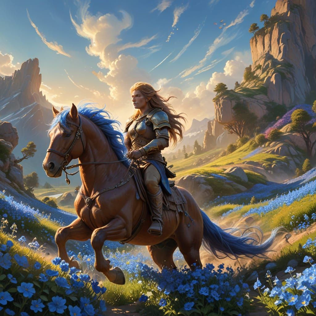 Troll Rides Horse Through Blue Flowers in Oil Painting Style