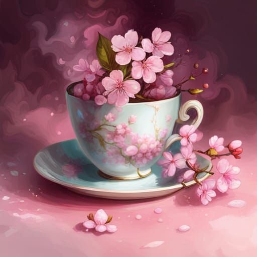 Cherry Blossom Teacup Digital Illustration