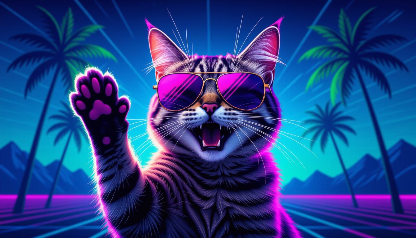 Synthwave Cat with Sunglasses and Palm Trees