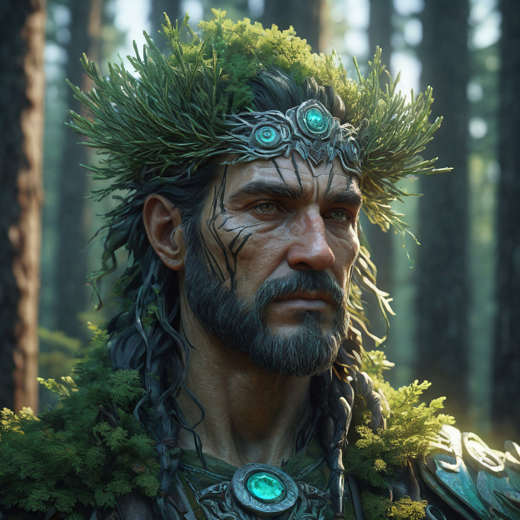 Nature Druid in Pine Forest, Triadic Colors, Unreal Engine 5