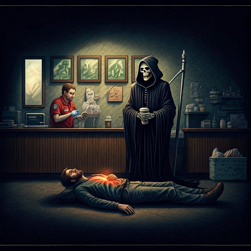 Grim Reaper Orders Coffee: A Surreal Illustration
