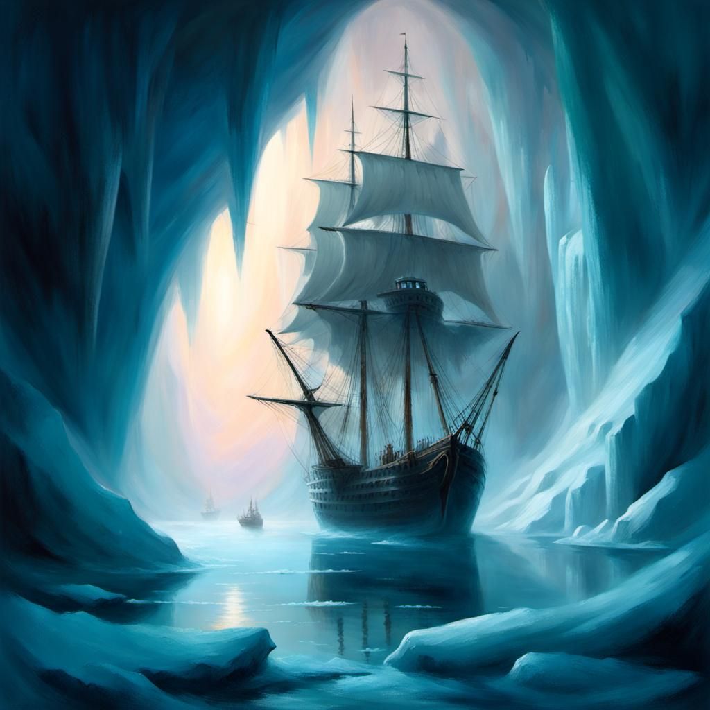 Eerie Ship in Misty Ice Cave as Fantasy Art