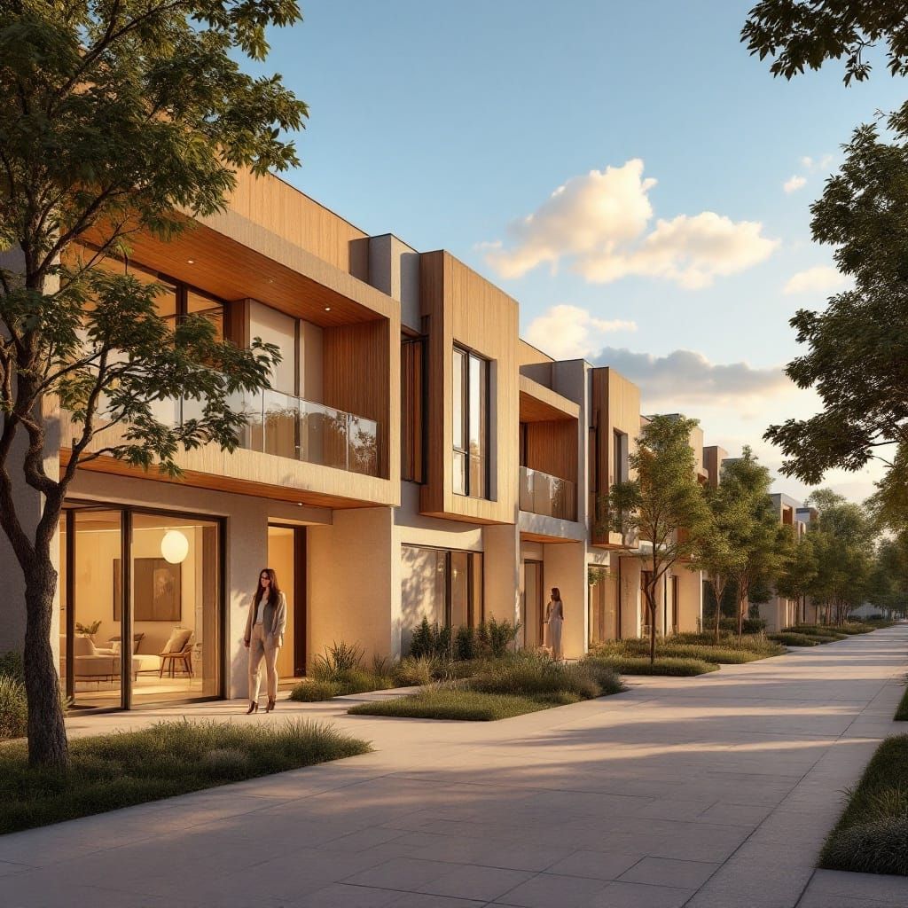 Modern Suburban Townhouse Row in Golden Hour Light