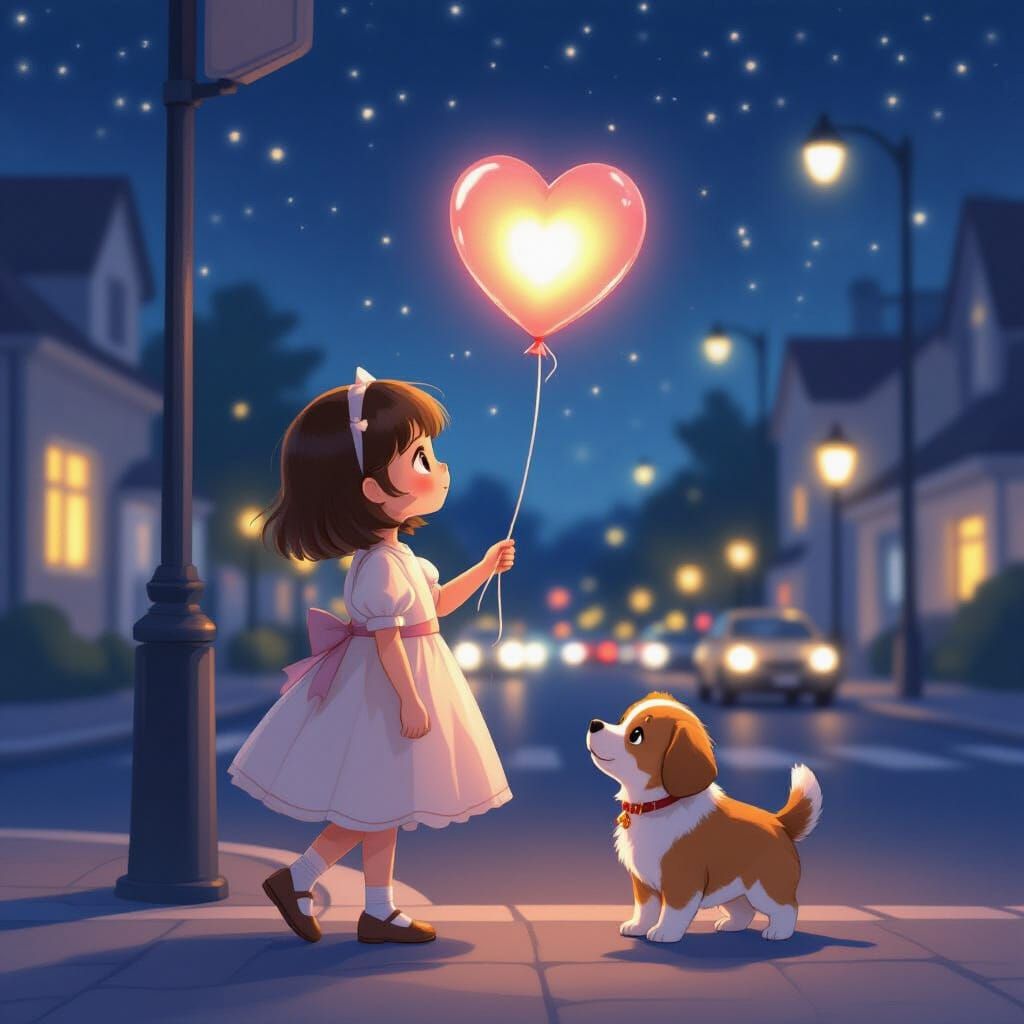 Glowing Line Art: Girl, Puppy, and Heart Balloon