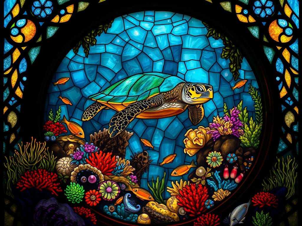 Turtle Swimming in Coral Reef Stained Glass Window