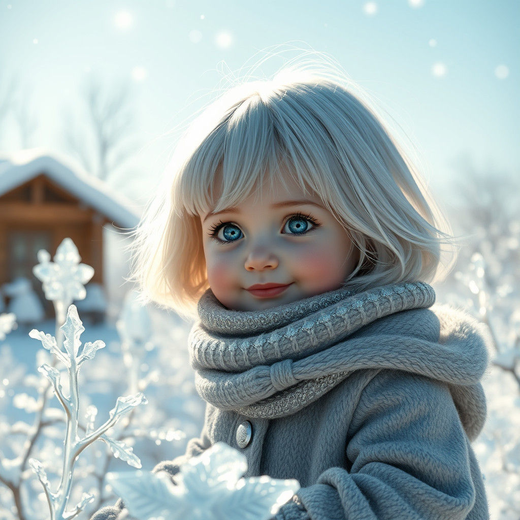 Toddler in Snowy Garden with Ice Sculptures