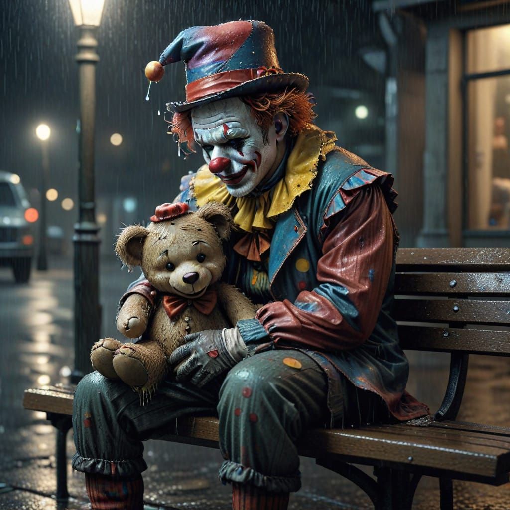 Crying Clown Finds Comfort in a Soaked Teddy Bear