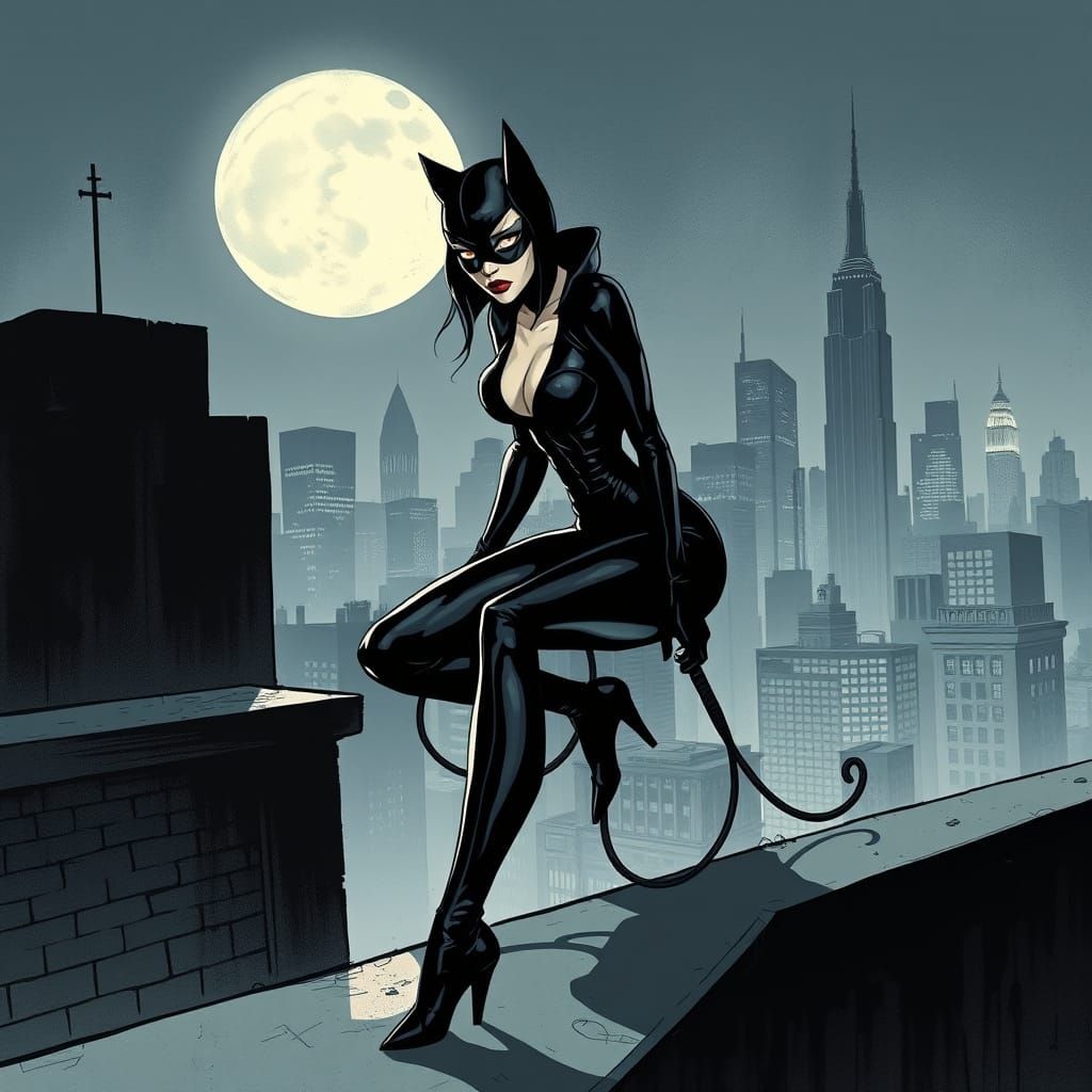 Catwoman on Gotham Rooftop in Noir Style
