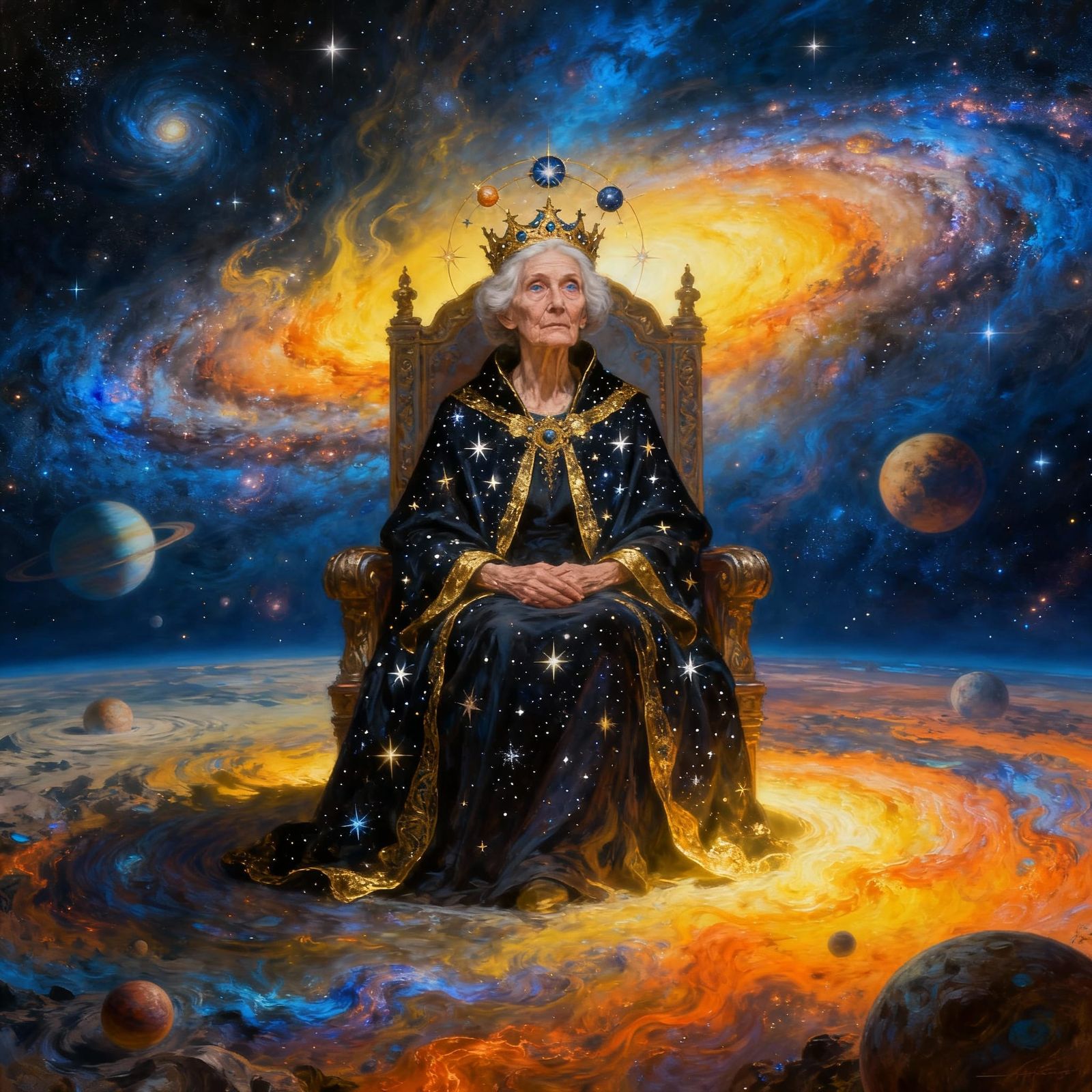 Wise Elderly Woman in Cosmic Throne