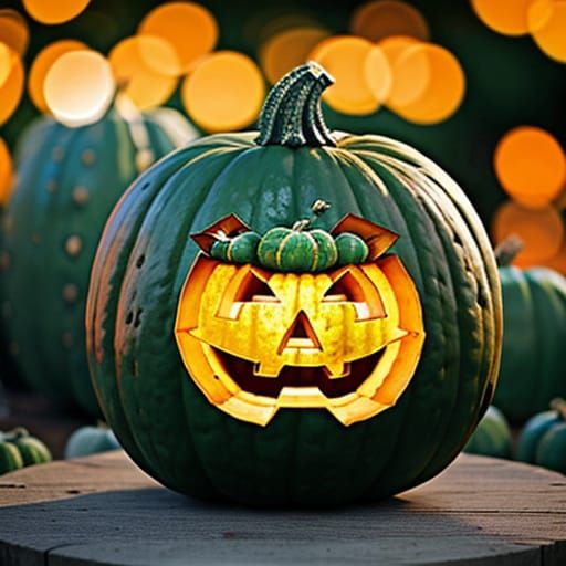 Cactus Carved Into Pumpkin With Bokeh Effect
