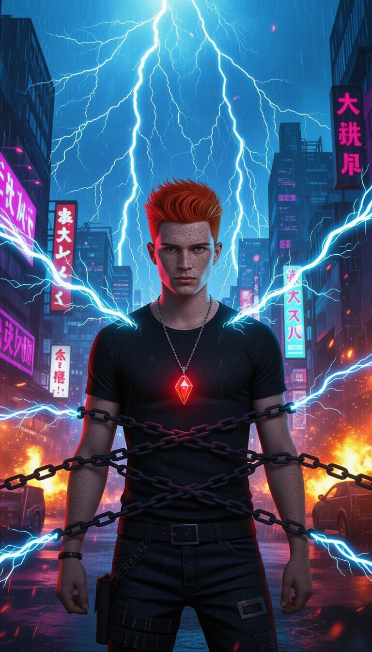 Cyberpunk Fantasy: Man Bound by Energy Chains in Neon City