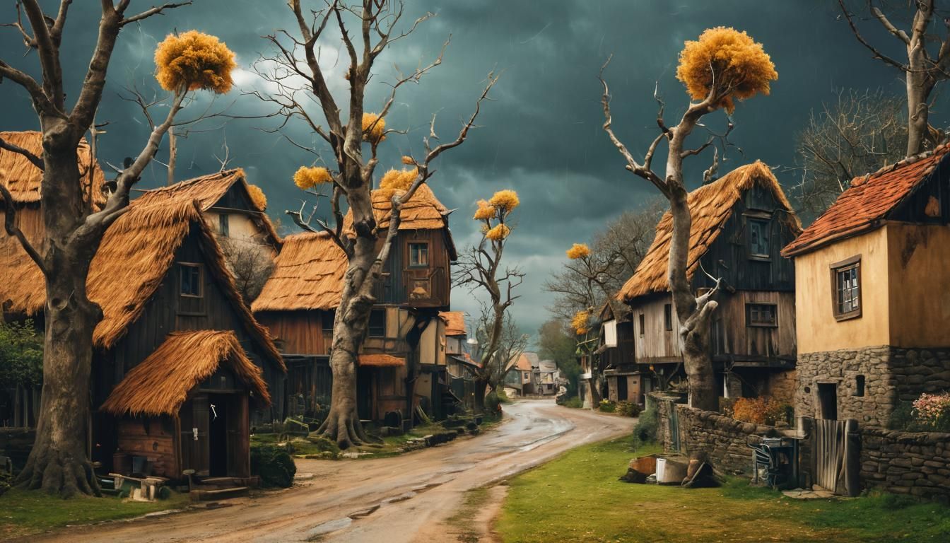 Stormy Village with Unusual Trees