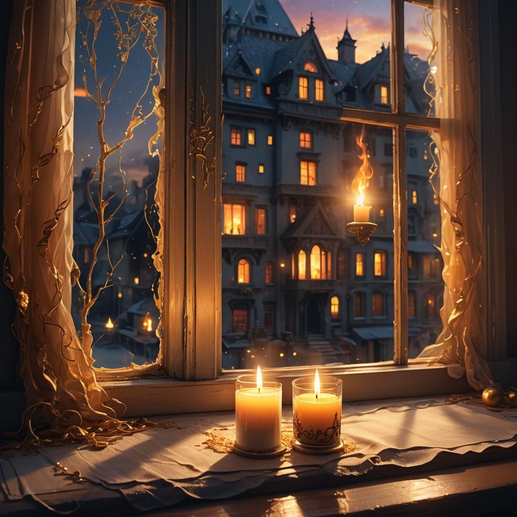 Night Candle on Windowsill: Fantastical Digital Painting