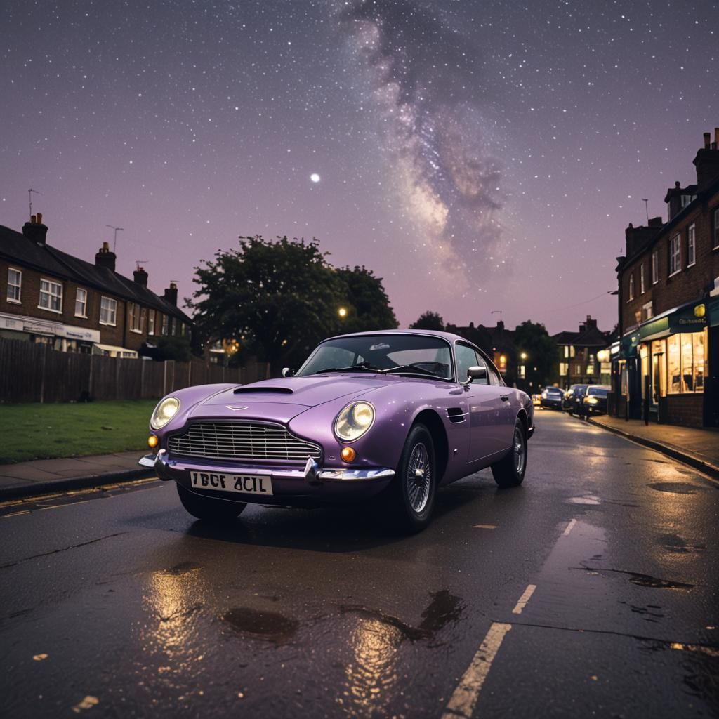 Purple Starry Night Over London with Aston Martin