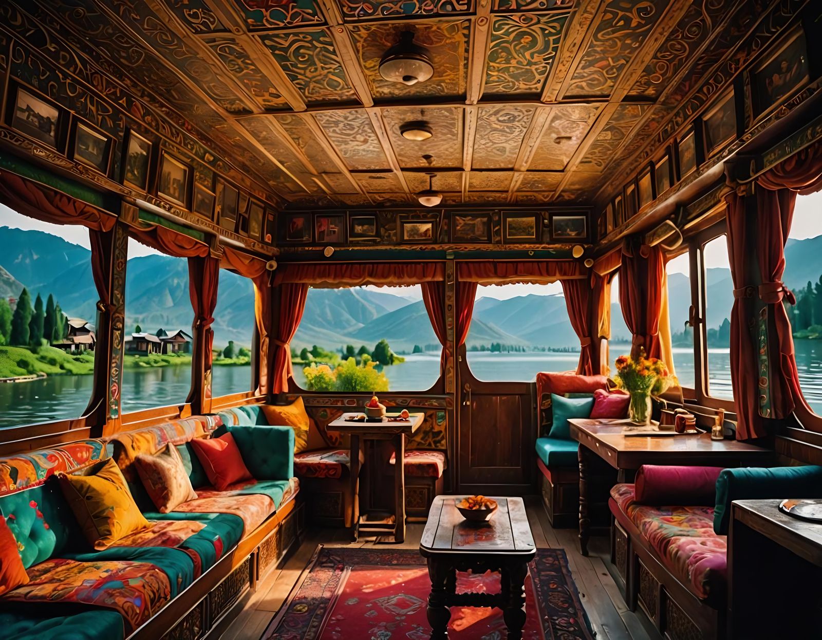 Cozy Kashmiri Houseboat Interior with Lake View