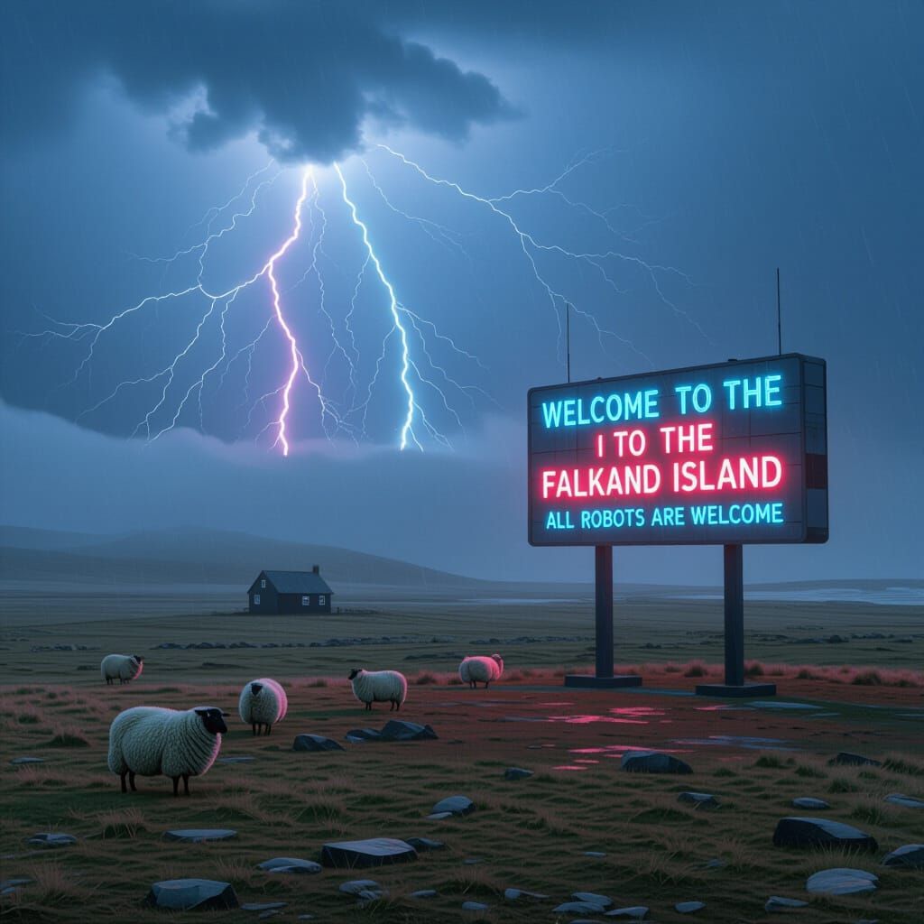 Bleak Falkland Island Welcome Sign in Cyberpunk Style