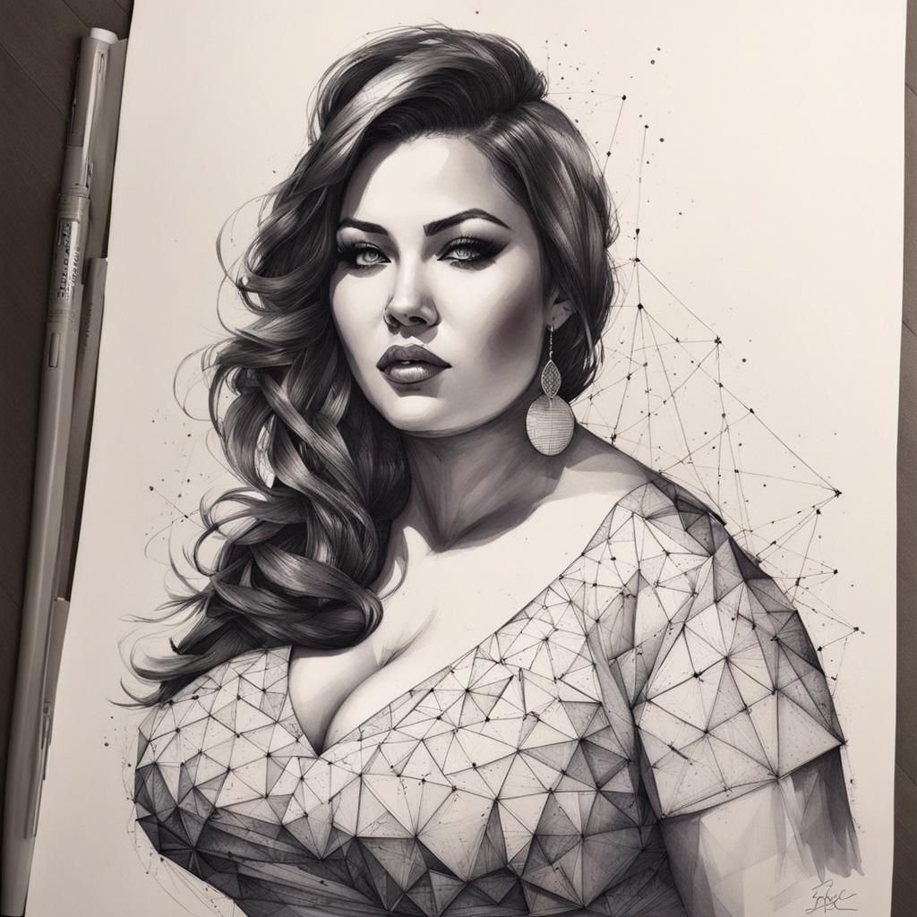 BBW Lady in Geometric Dress, Vince Low Line Art