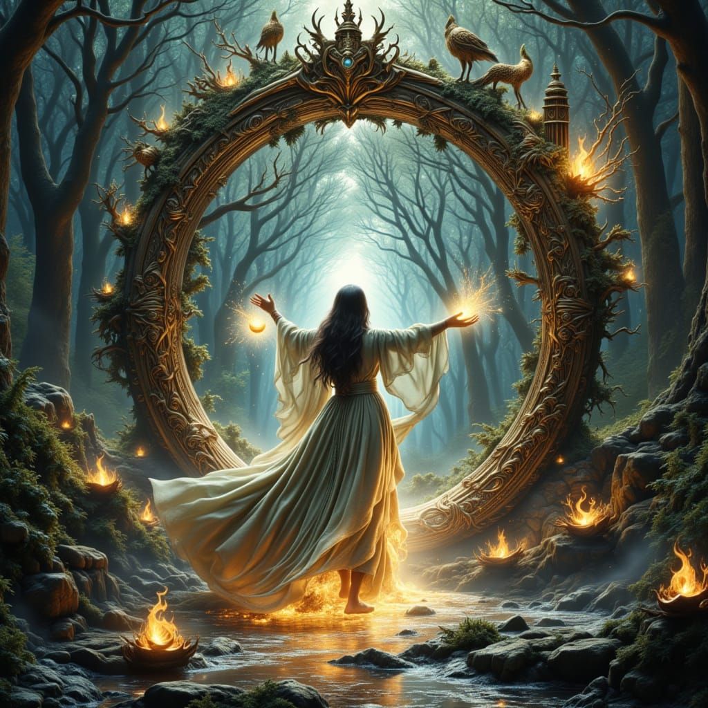 Epic Female Wizard Opens a Magic Portal