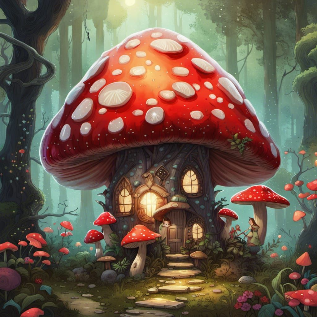 Glowing Mushroom House in Fairy Forest, Fantasycore Art