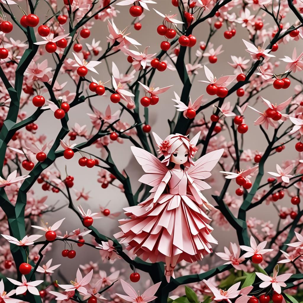 Origami Cherry Fairy in Paper Orchard