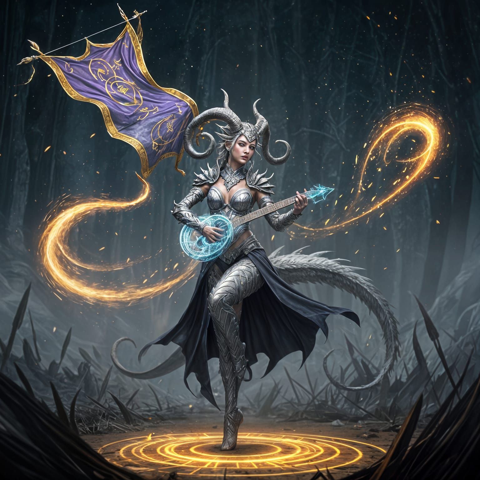 Silver Scaled Draconic Woman Dances on Battlefield