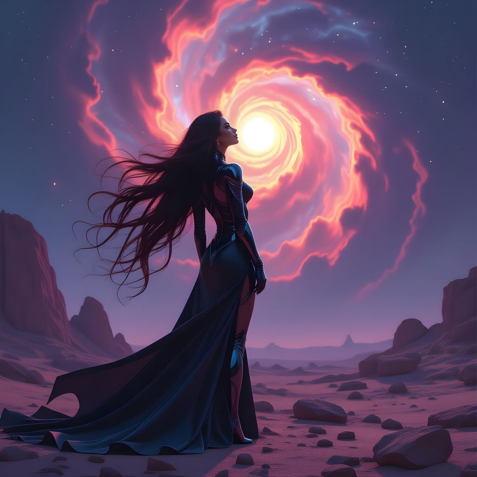 Futuristic Pinup Gazing at Nebula, Digital Painting