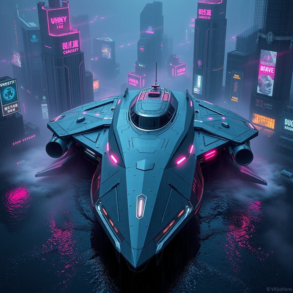 Futuristic Flying Watercraft with Neon-Lit Cityscape