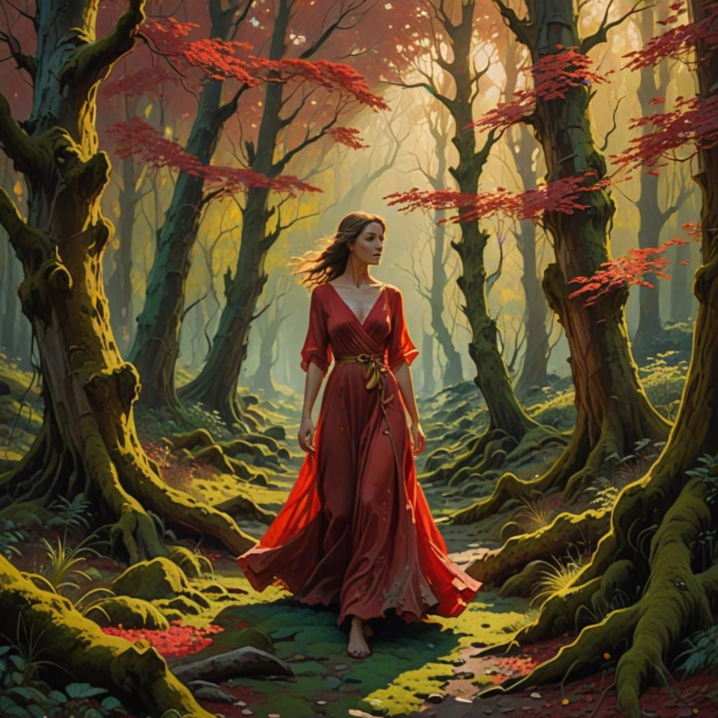 Woman in Red Dress in Ancient Forest - Impressionistic Oil P...