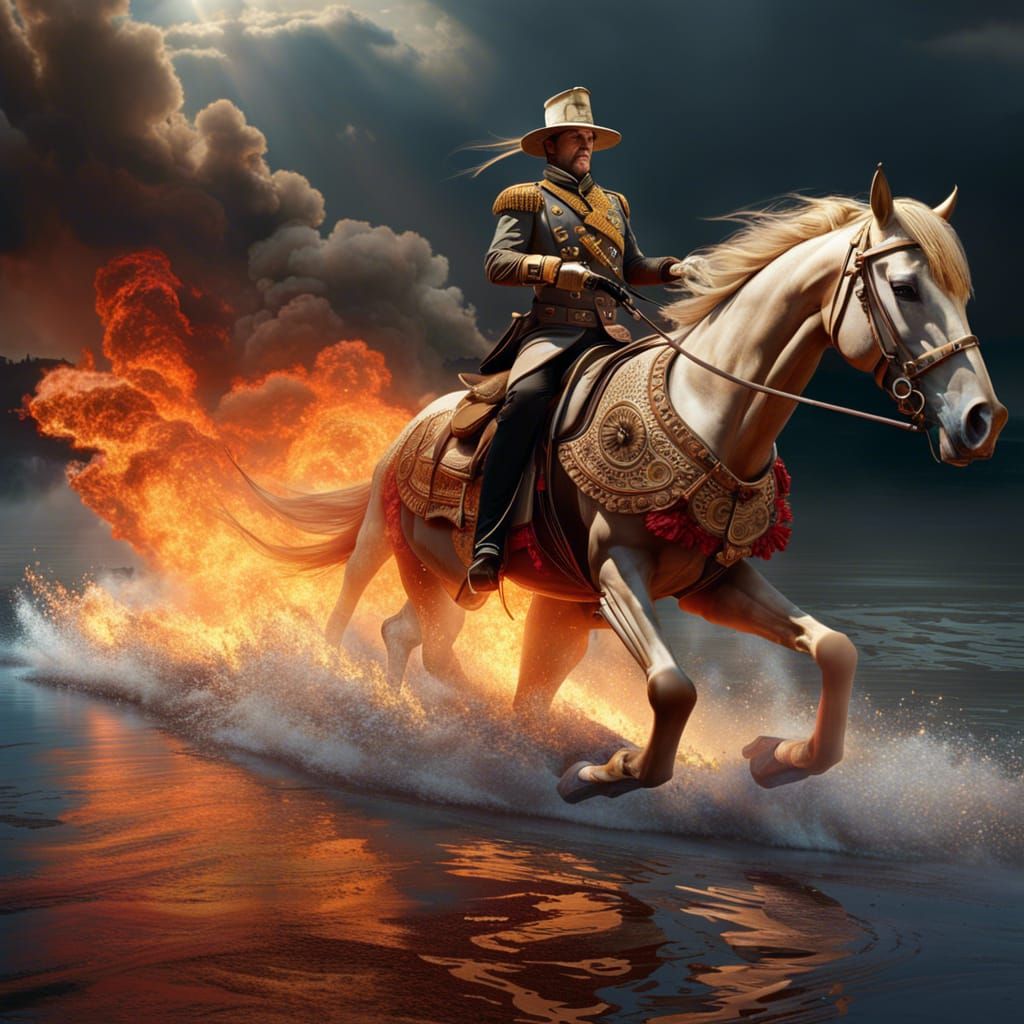 Skeletal Rider on Horse Amidst Burning River