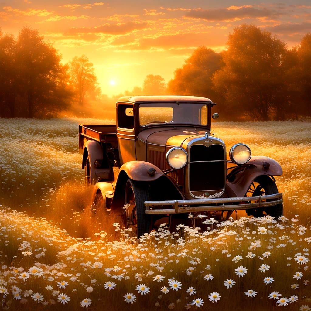 Rusty Pickup in Daisy Field at Sunset