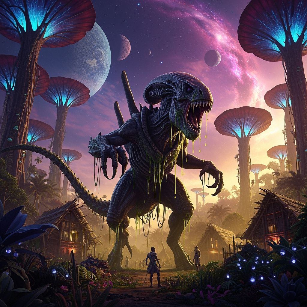 Alien Xenomorph T-Rex Attacks Village in Bioluminescent Fore...