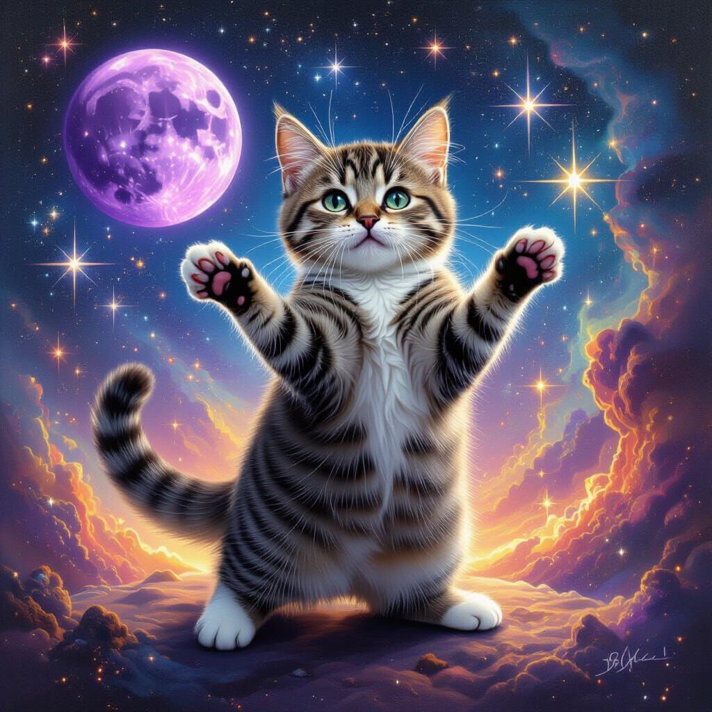 Cute Cat Poses on Cosmic Cliff Amidst Stars