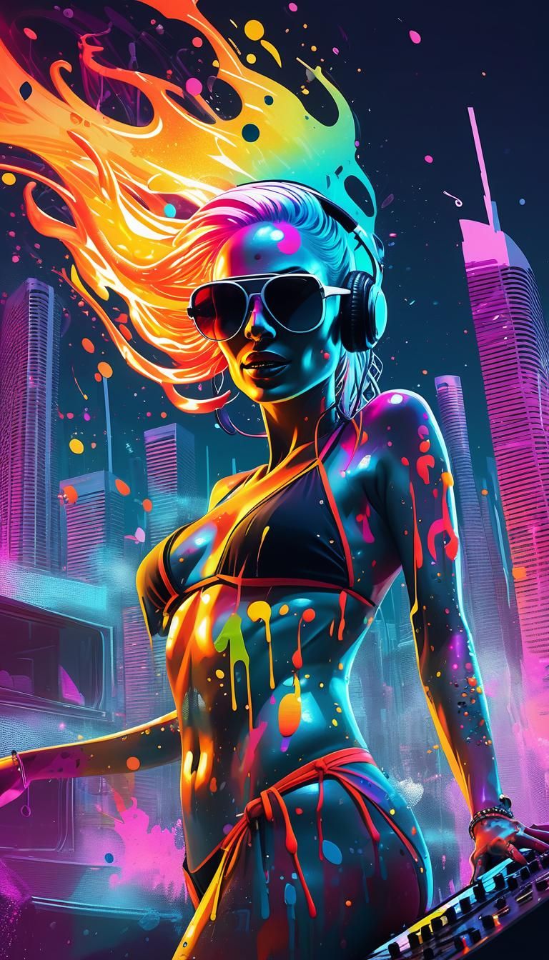 Alien DJ Party in Graffiti Art Style