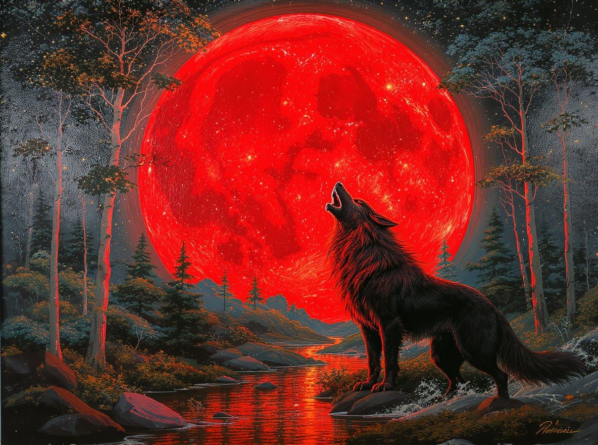 Wolf Howling Under Blood Moon in Magical Forest