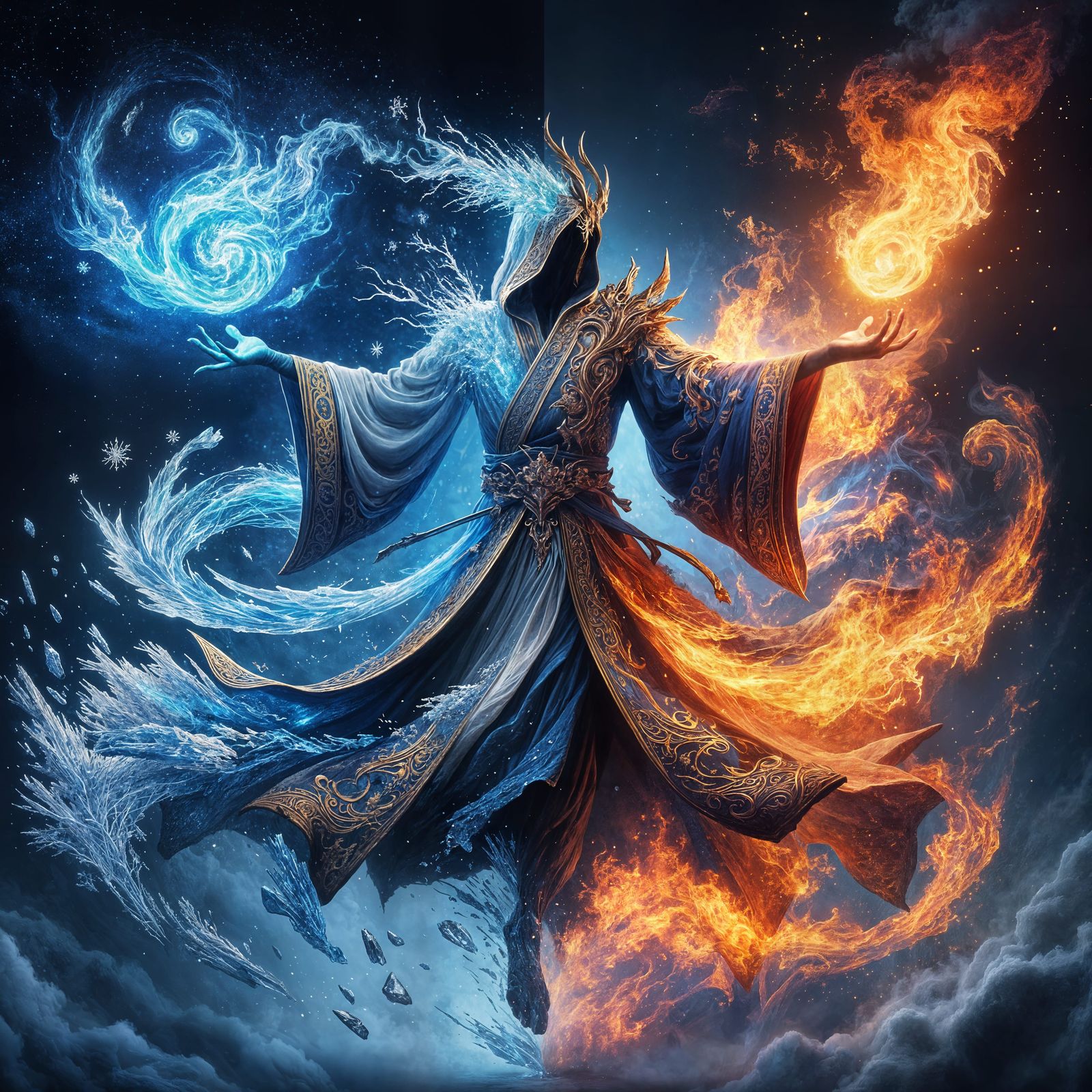 Mage of Frost and Fire in Antique Fantasy Style