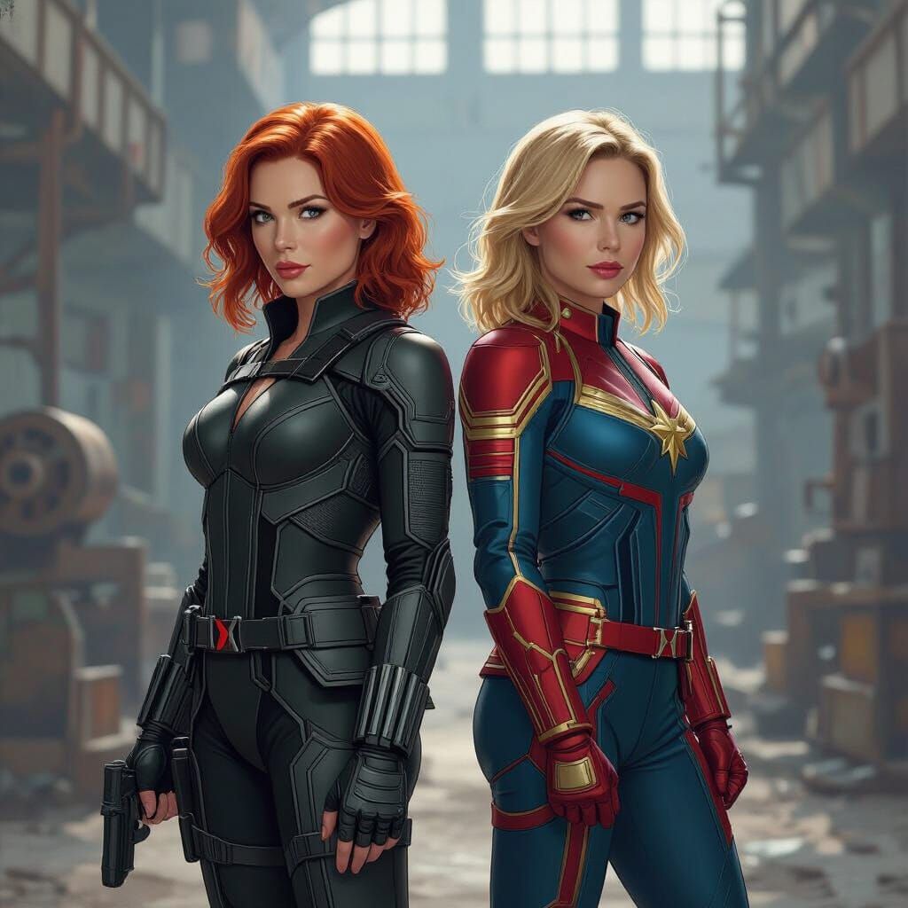 Black Widow and Captain Marvel in Factory, Comic Book Art