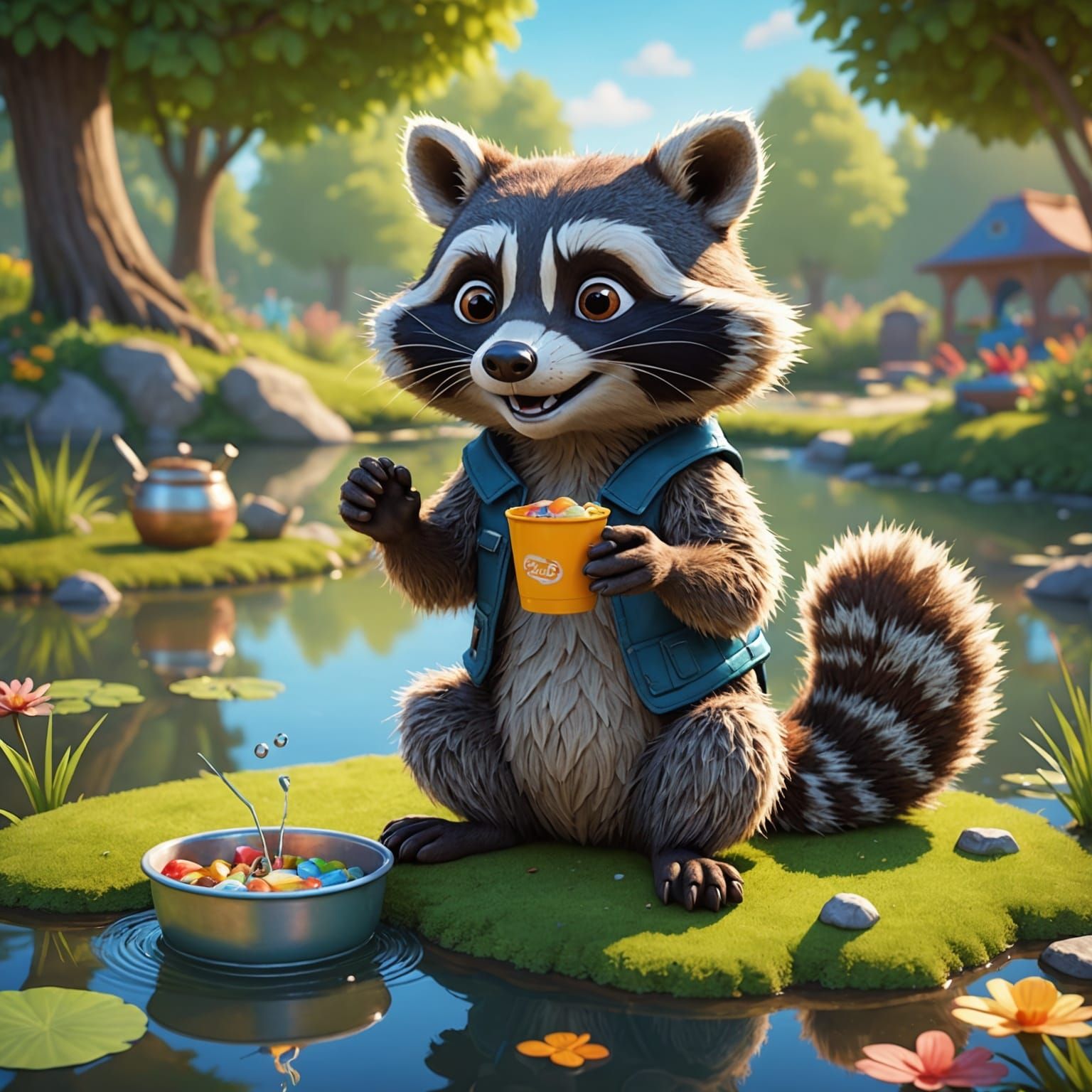Happy Raccoon Washing Food: 3D Cartoon Art