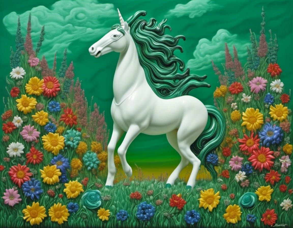 Malachite Unicorn in Whimsical Flower Field