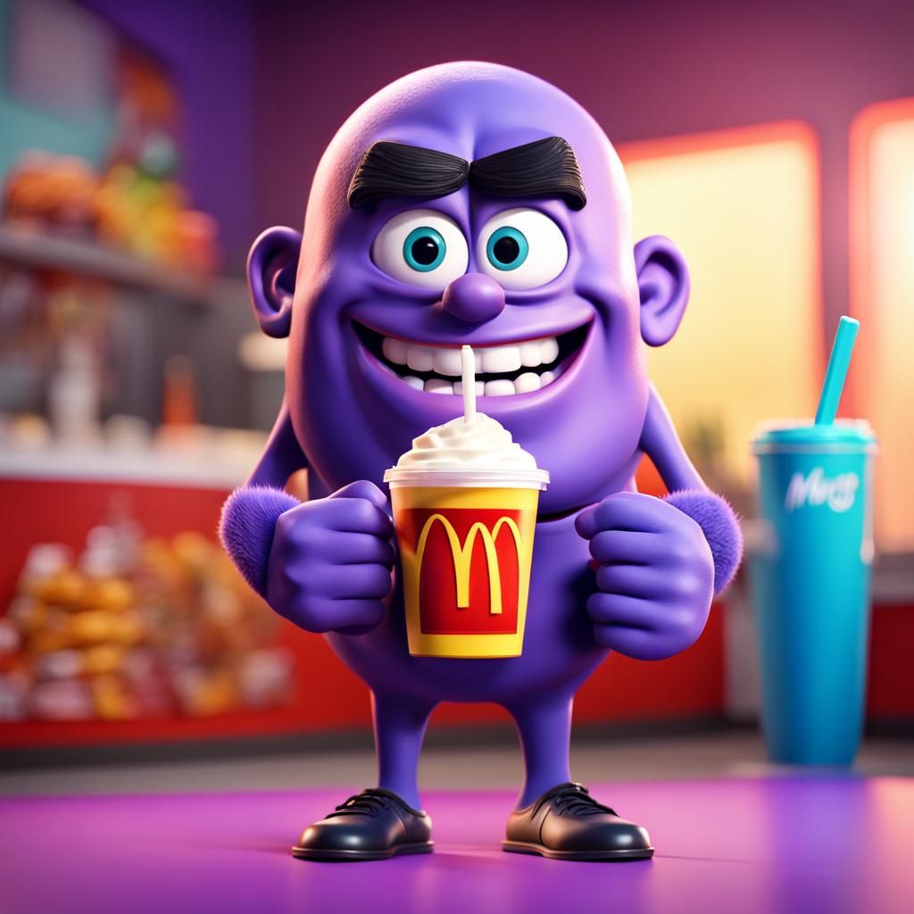 Grimace Holding Shake: Pixar-Style 3D Render