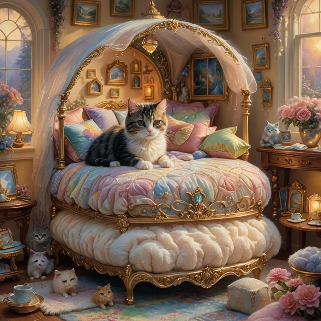 Kitty in Miniature House, Dreamy Oil Painting