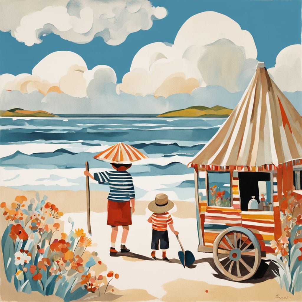 Whimsical Seaside Scene in Vintage Children's Book Style