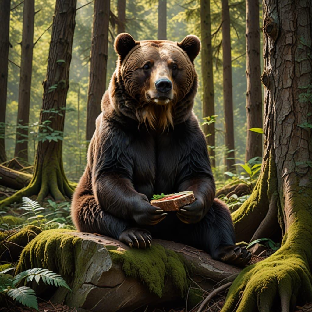 Contented Brown Bear Enjoying a Sandwich in Earthy Forest Se...