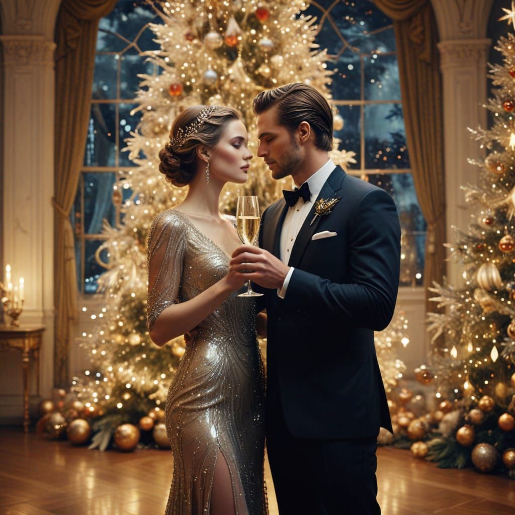 Elegant Christmas Couple Gaze into Each Other's Eyes in a Vi...
