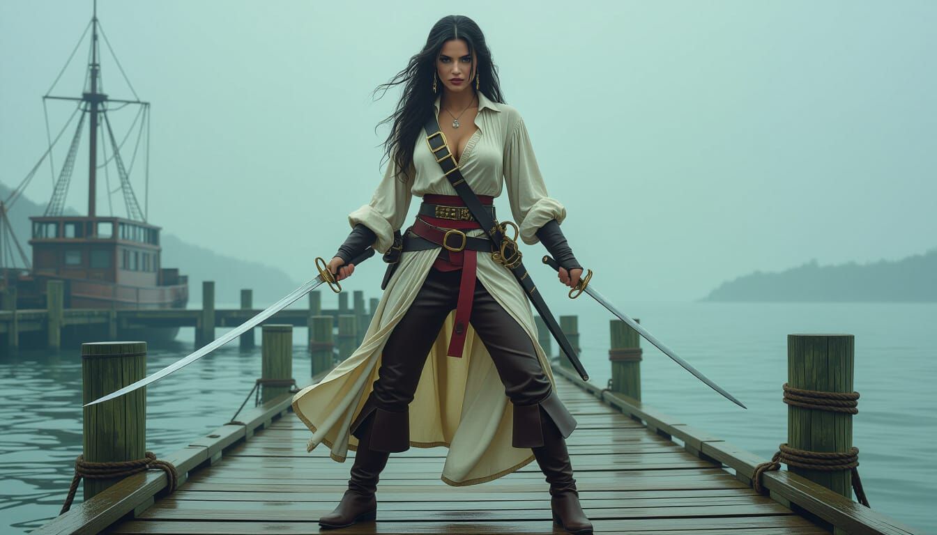 Pirate Woman with Rapier on Wooden Dock