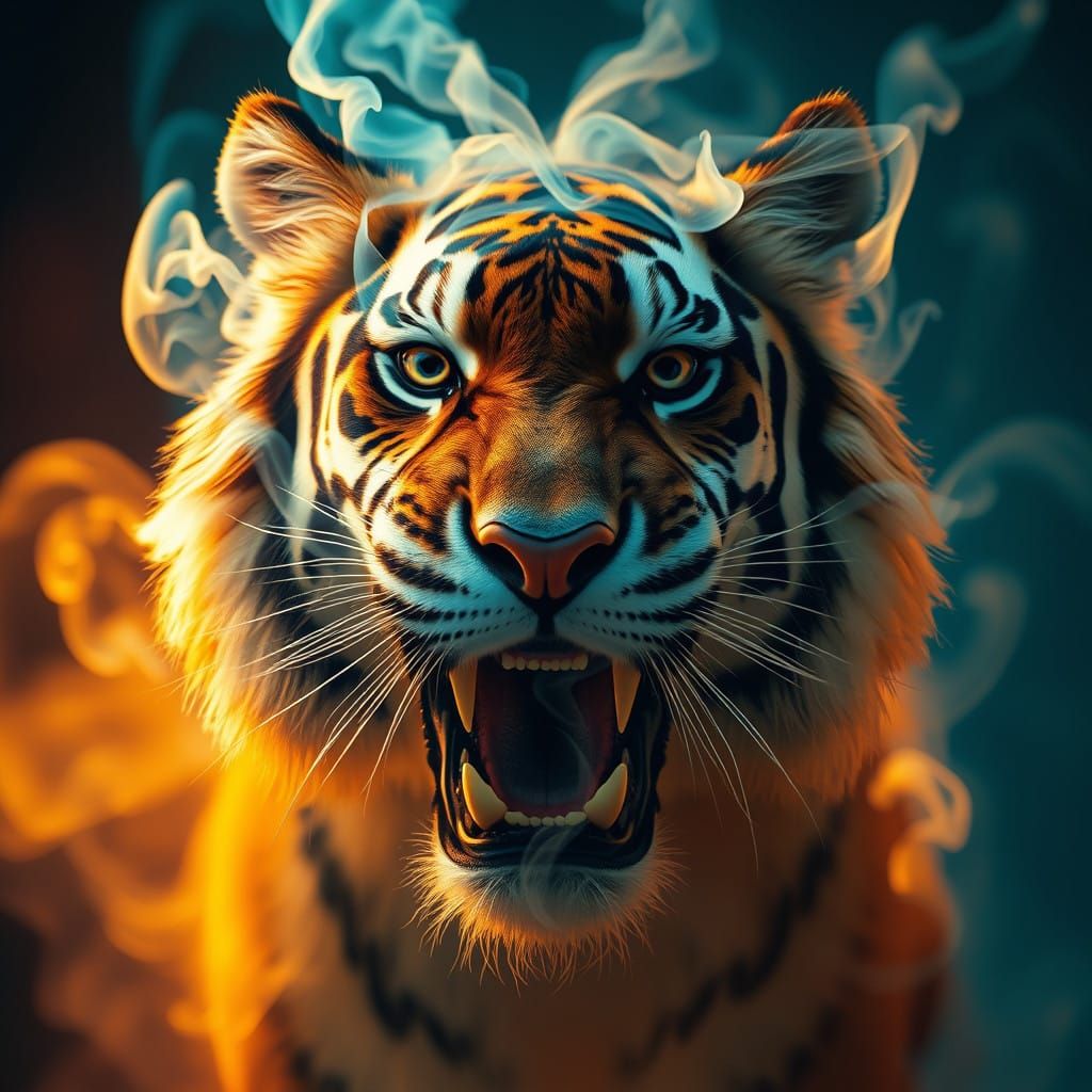 Ethereal Tiger Face Erupts from Vibrant Smoke