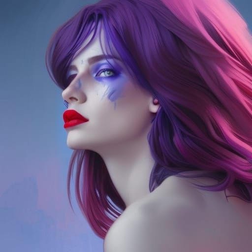 Woman with Blue Eyes and Purple Hair in 8k
