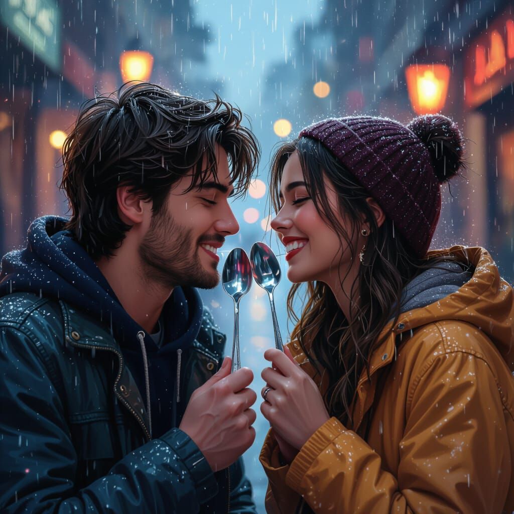 Romantic Couple Sharing Spoons in Moody Rainy Atmosphere