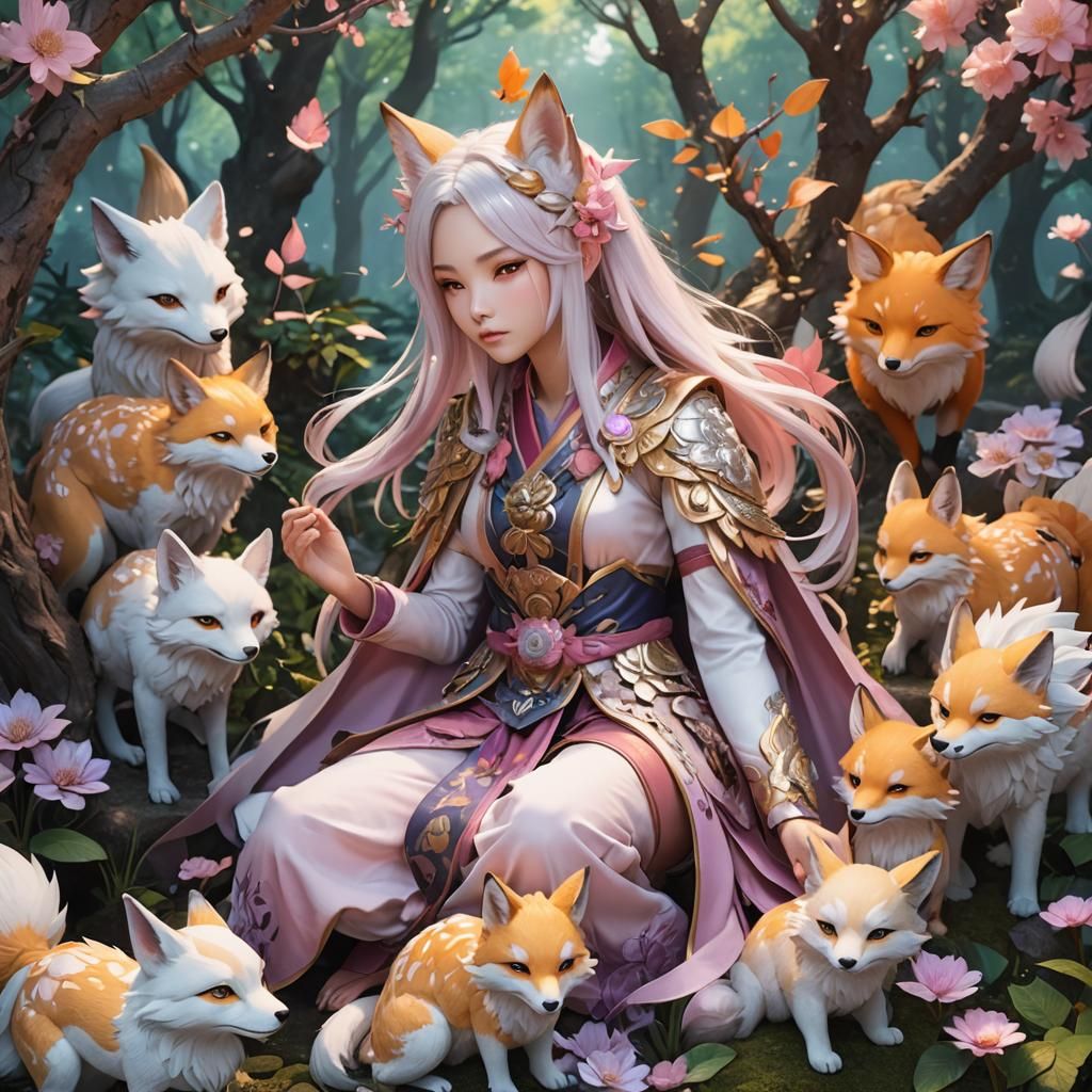 Anime Kitsune Druid in Dreamlike Fantasy World
