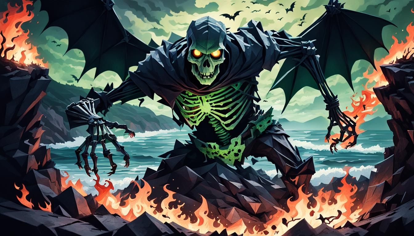 Fiery Origami Zombie Skeleton Ghost in Dark Fantasy Art