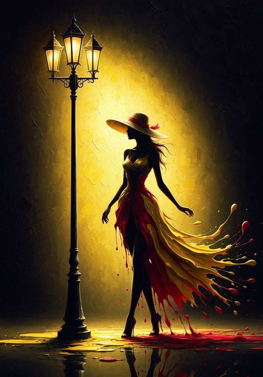 Woman in Dripping Paint Dress Under Vintage Street Lamp